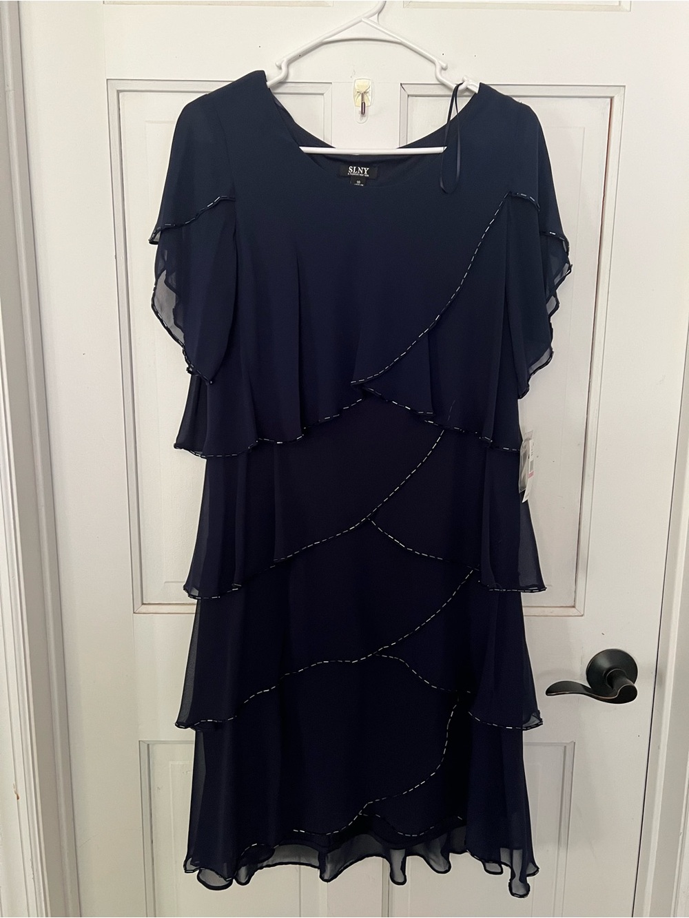 Tiered Chiffon Cocktail Dress with Bugle Beaded Trim and Flutter Sleeves